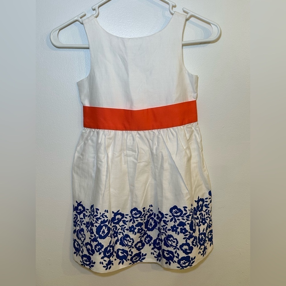 Janie and Jack Girls White Blue Floral Dress Orange Bow Sash Size 6 Sleeveless